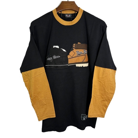 DJC Designer Jeans Co VTG NWT New York NYC Black Waffle Thermal Shirt Y2K‎ Large - Picture 1 of 8